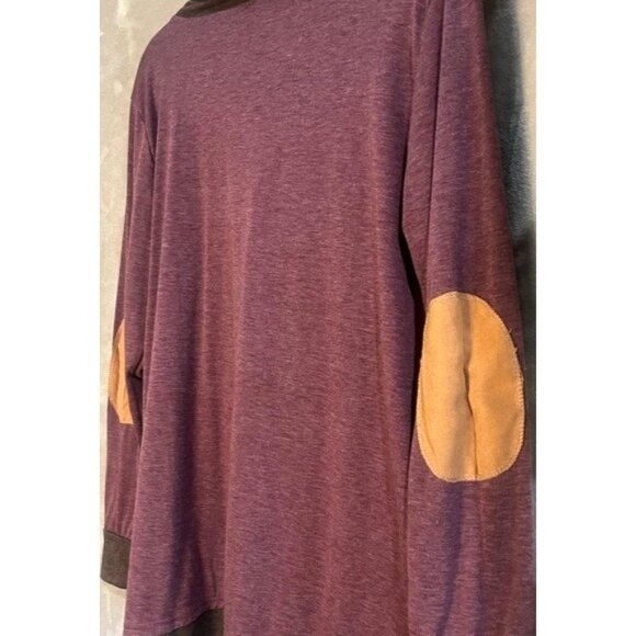 Womens Long Sleeve Cowl Neck Scarf Top Purple Plum Brown Heathered Elbow Patch - Picture 9 of 11